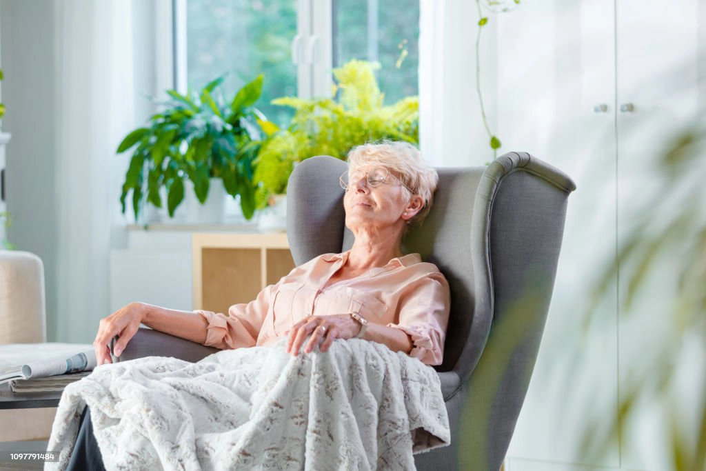 Pleased senior woman napping in an armchair covered with blanket in her house alone.